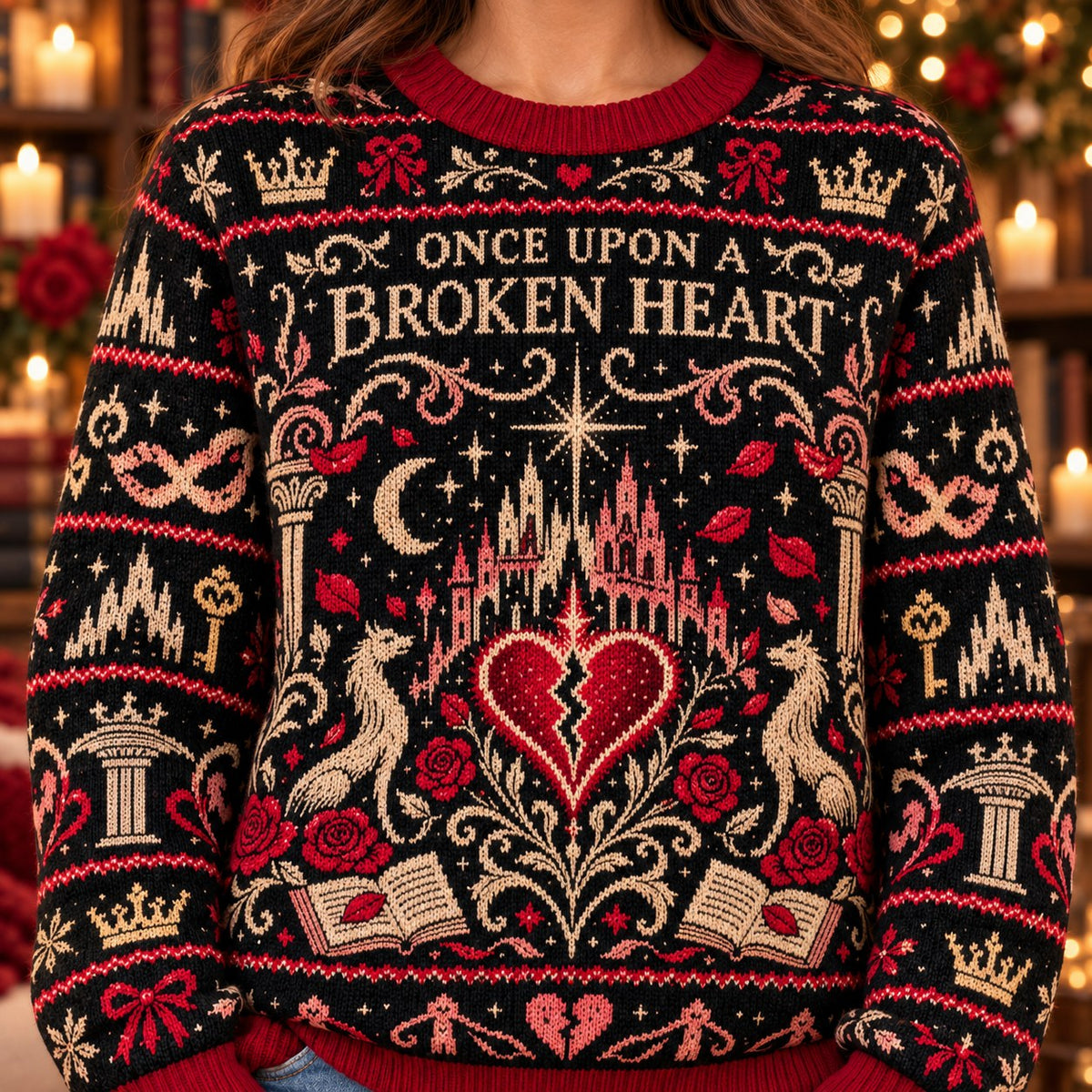 Once Upon a Broken Heart knit ugly Christmas sweater - knit close-up