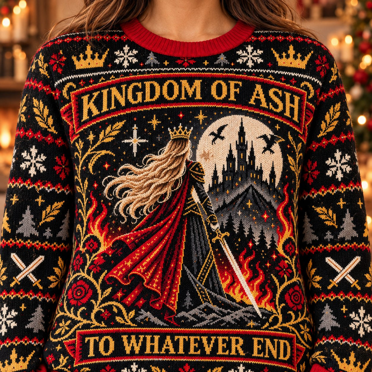 Kingdom of Ash To Whatever End knit ugly Christmas sweater - knit close-up