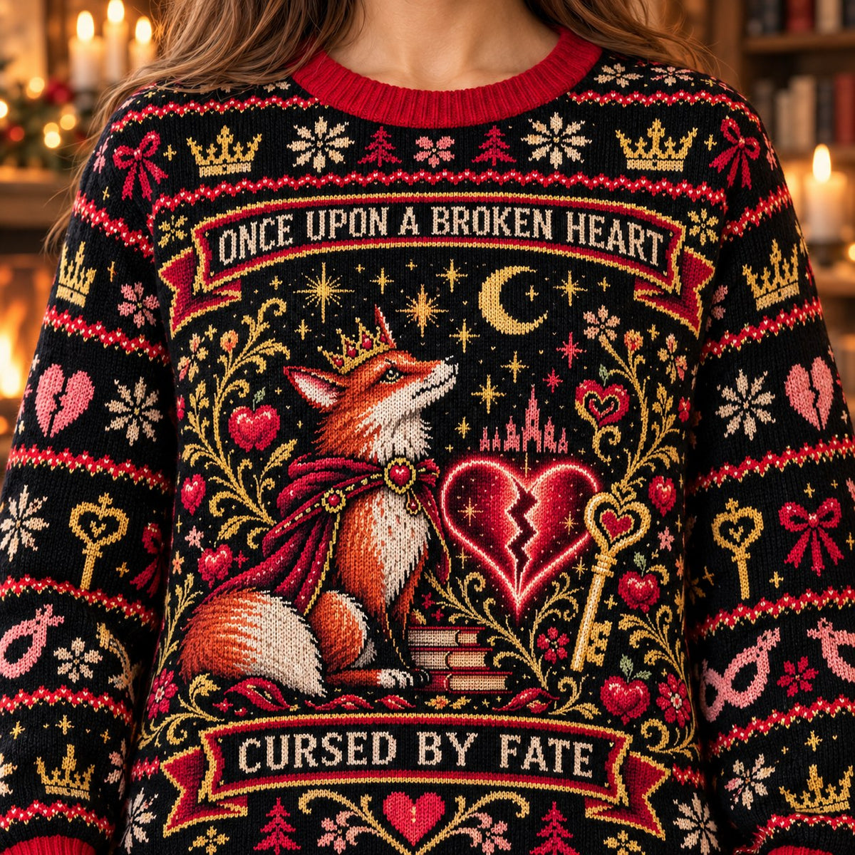 Once Upon a Broken Heart Fox knit ugly Christmas sweater - knit close-up
