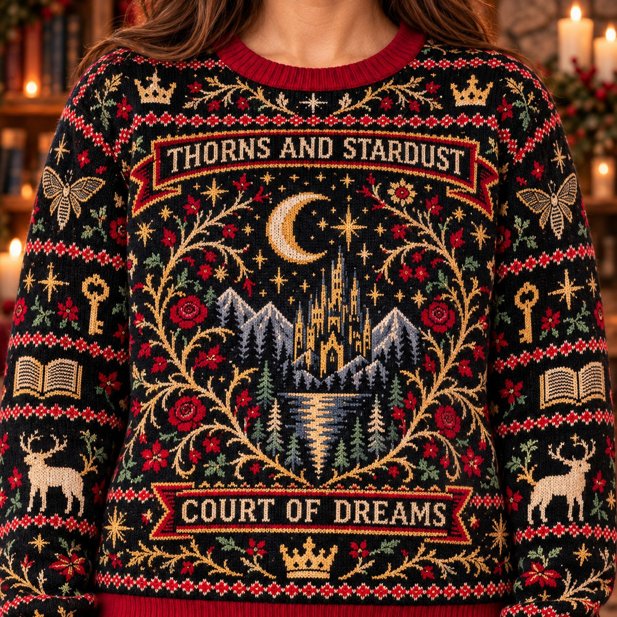 Court of Dreams Thorns and Stardust knit ugly Christmas sweater - knit close-up