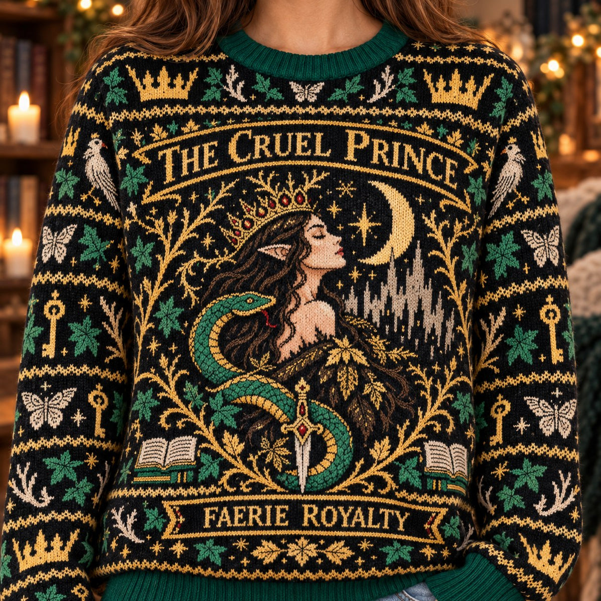 The Cruel Prince Faerie Royalty knit ugly Christmas sweater - knit close-up