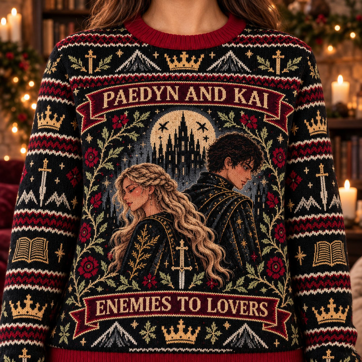 Paedyn and Kai Enemies to Lovers knit ugly Christmas sweater - knit close-up
