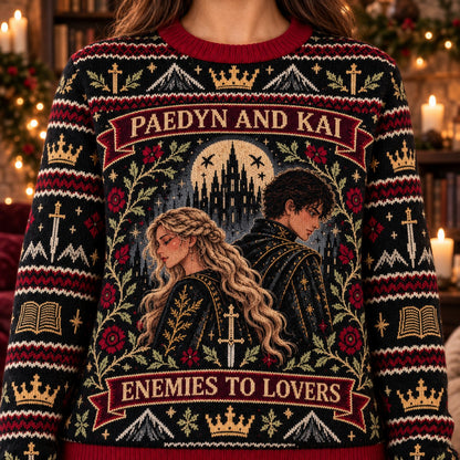 Paedyn and Kai Enemies to Lovers knit ugly Christmas sweater - knit close-up