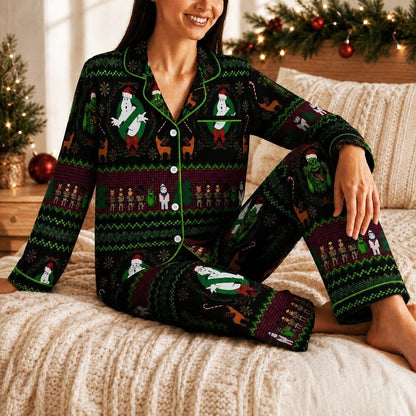 Spooky Ghost Christmas Pajama Set, Holiday Satin PJs, Funny Paranormal Sleepwear, Festive Horror Pajamas, Christmas Gift for Women