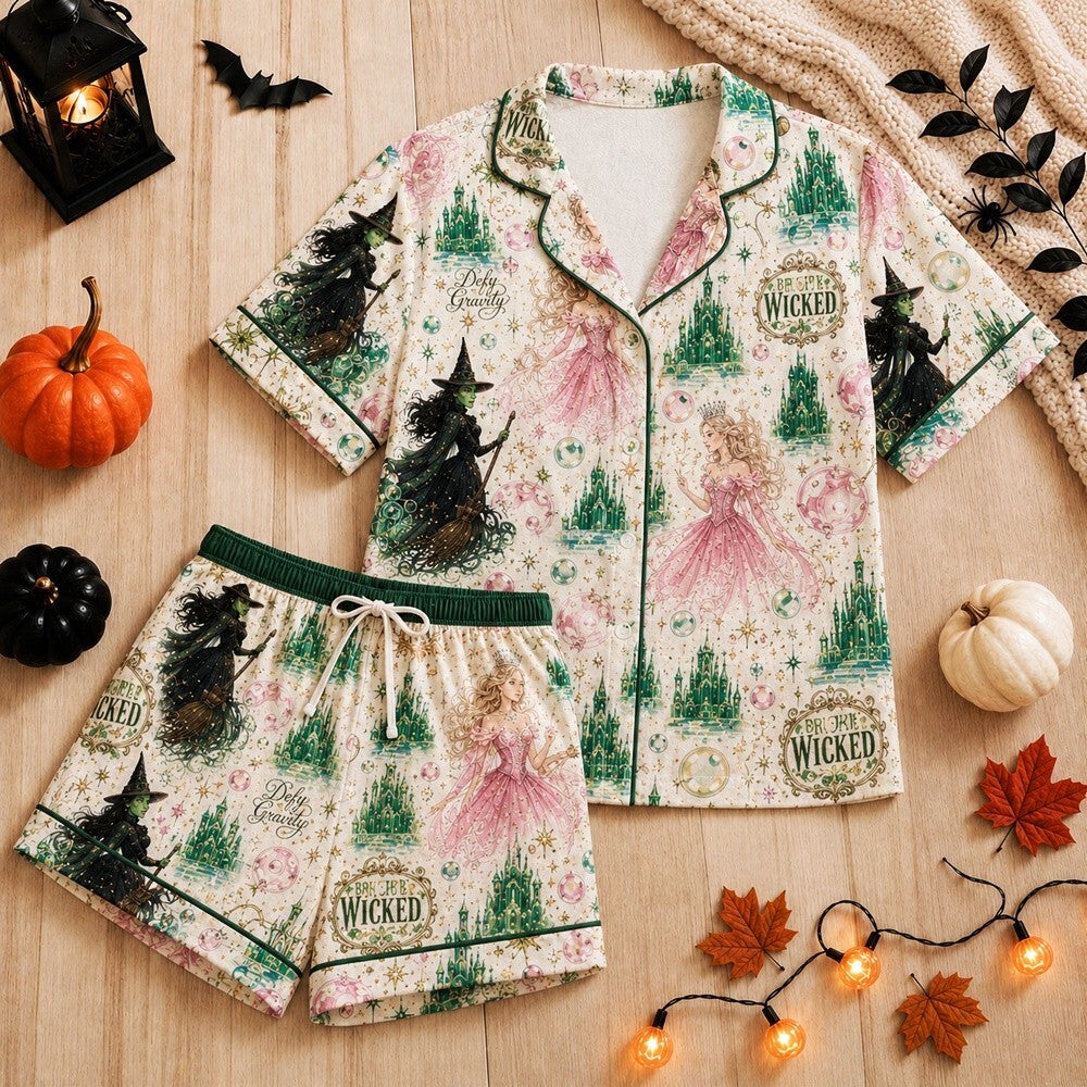 Green Witch & Pink Princess Satin Pajama Set, Emerald Castle Fantasy Sleepwear, Magical Musical Inspired PJs, Gift for Women