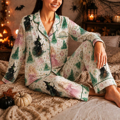 Green Witch & Pink Princess Satin Pajama Set, Emerald Castle Fantasy Sleepwear, Magical Musical Inspired PJs, Gift for Women
