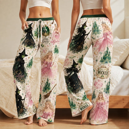Green Witch & Pink Princess Satin Pajama Set, Emerald Castle Fantasy Sleepwear, Magical Musical Inspired PJs, Gift for Women