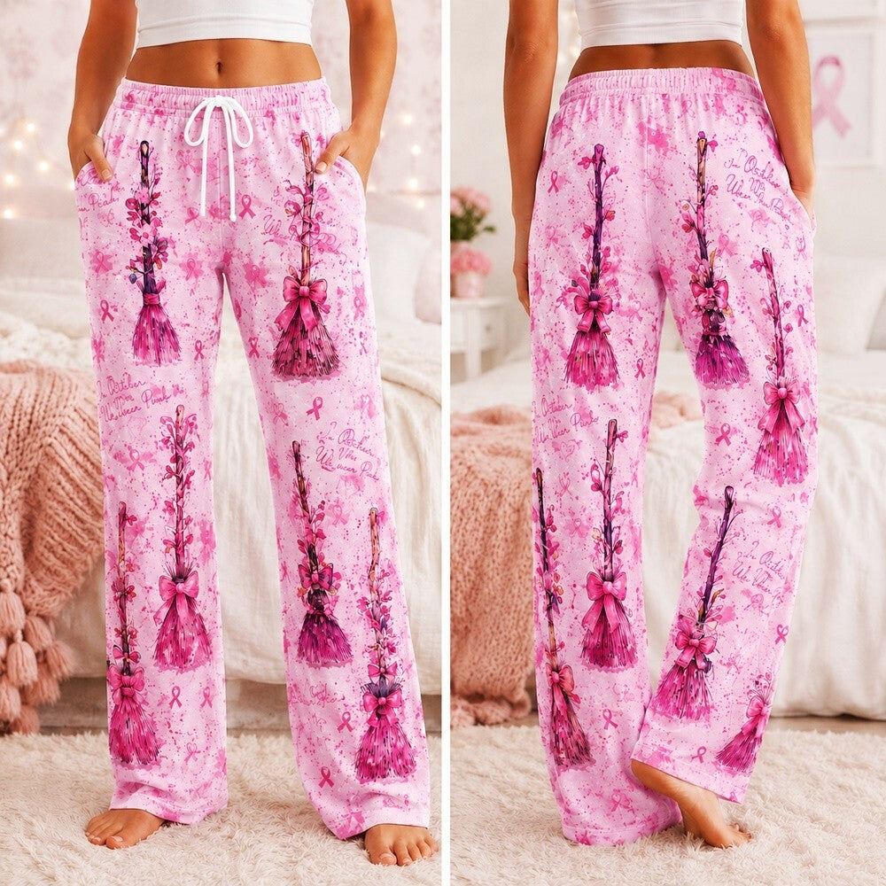 Breast Cancer Awareness Satin Pajama Set, Pink Ribbon Witch Broom Sleepwear, Women's October Pajamas, Pink Floral Nightwear