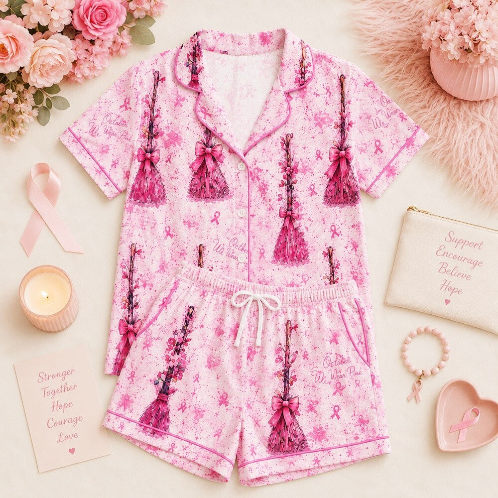 Breast Cancer Awareness Satin Pajama Set, Pink Ribbon Witch Broom Sleepwear, Women's October Pajamas, Pink Floral Nightwear