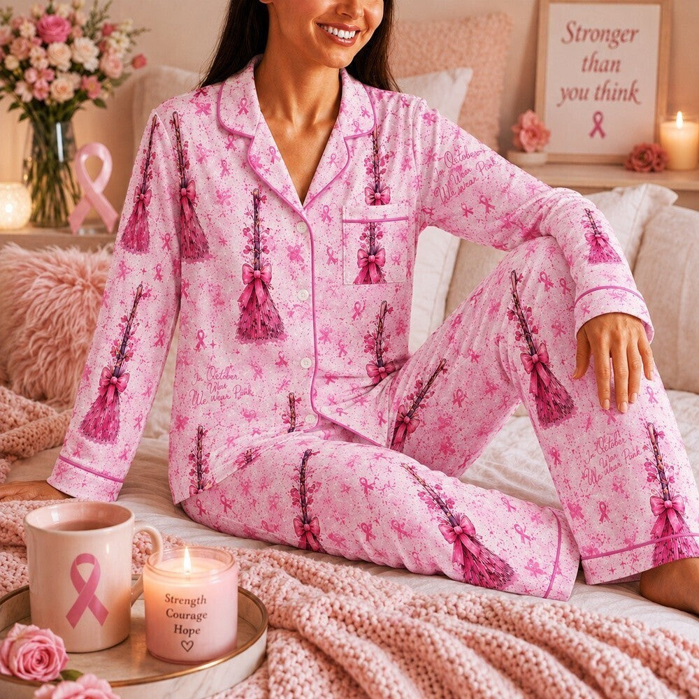 Breast Cancer Awareness Satin Pajama Set, Pink Ribbon Witch Broom Sleepwear, Women's October Pajamas, Pink Floral Nightwear