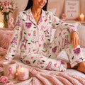 Witchy Pink Breast Cancer Satin Pajama Set, Pink Ribbon Halloween PJs, October Sleepwear, Cute Witch Pajamas, Women's Nightwear