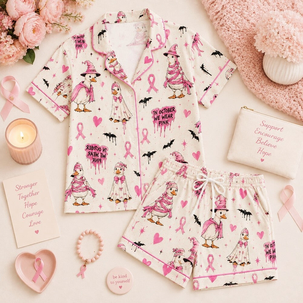 Witchy Pink Breast Cancer Satin Pajama Set, Pink Ribbon Halloween PJs, October Sleepwear, Cute Witch Pajamas, Women's Nightwear