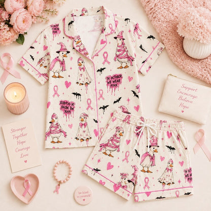 Witchy Pink Breast Cancer Satin Pajama Set, Pink Ribbon Halloween PJs, October Sleepwear, Cute Witch Pajamas, Women's Nightwear