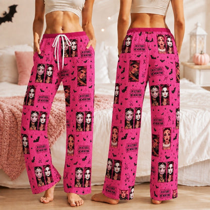 Pink Ribbon Halloween Satin Pajama Set, Breast Cancer Awareness Horror Sleepwear, Spooky Masked Women PJs, October Gift