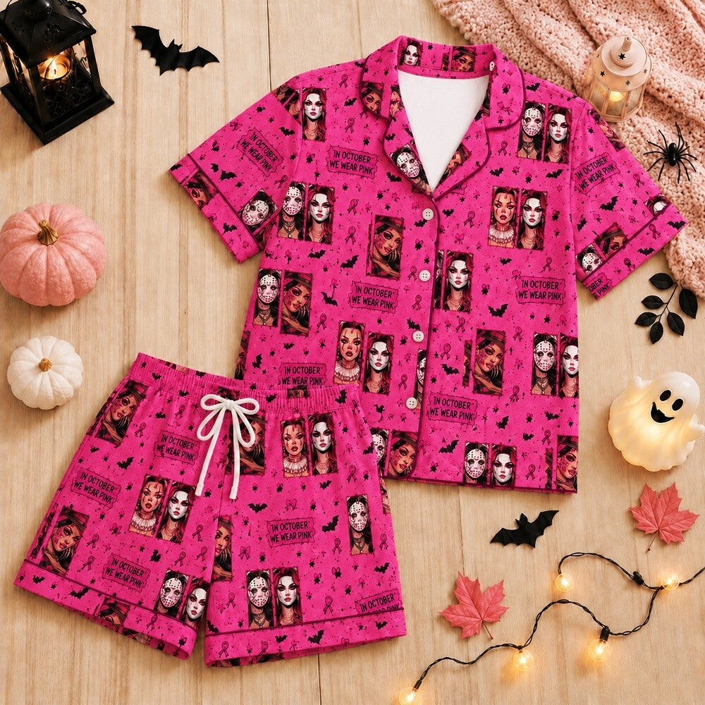 Pink Ribbon Halloween Satin Pajama Set, Breast Cancer Awareness Horror Sleepwear, Spooky Masked Women PJs, October Gift