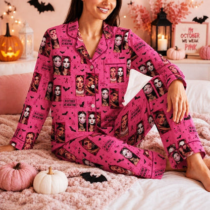Pink Ribbon Halloween Satin Pajama Set, Breast Cancer Awareness Horror Sleepwear, Spooky Masked Women PJs, October Gift