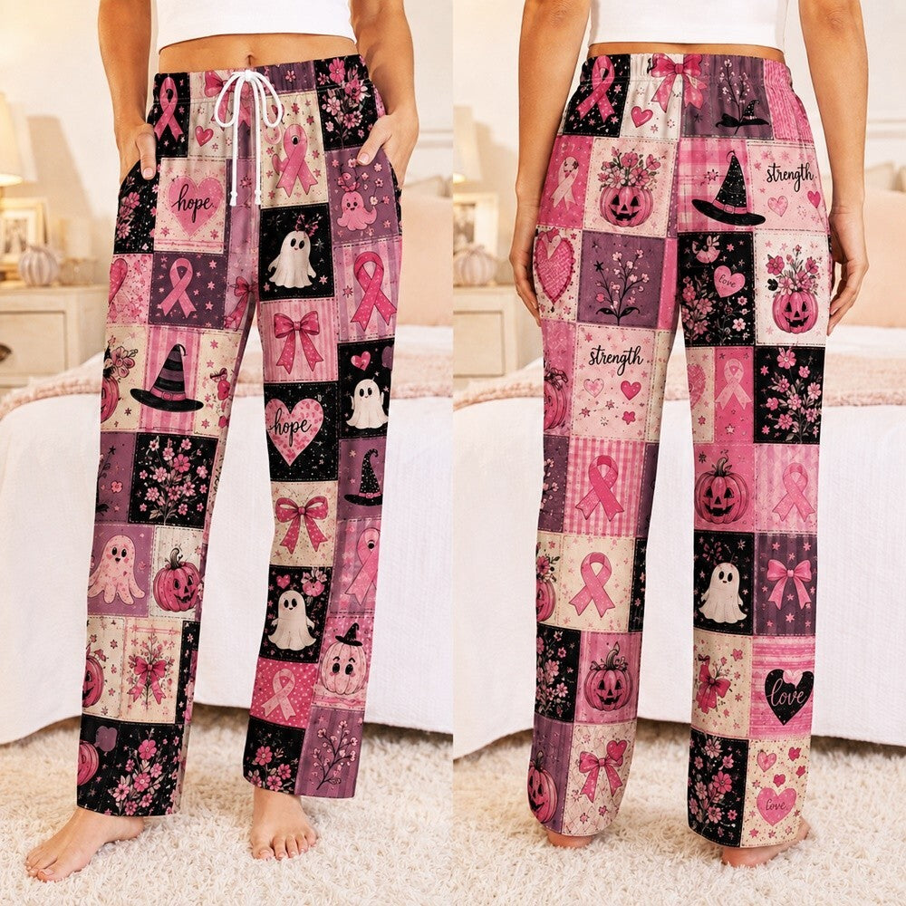Pink Patchwork Satin Pajama Set, Breast Cancer Awareness PJs, Pink Ribbon Halloween Sleepwear, Witchy October Women's Pajamas