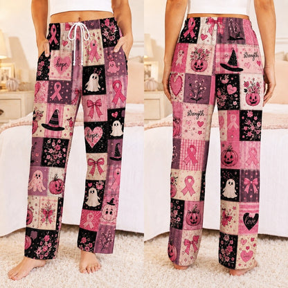 Pink Patchwork Satin Pajama Set, Breast Cancer Awareness PJs, Pink Ribbon Halloween Sleepwear, Witchy October Women's Pajamas