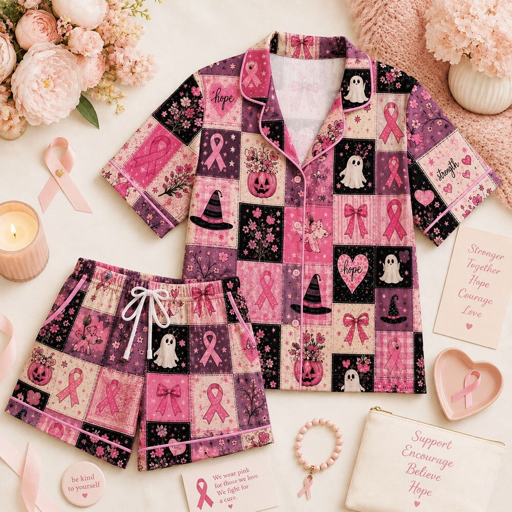 Pink Patchwork Satin Pajama Set, Breast Cancer Awareness PJs, Pink Ribbon Halloween Sleepwear, Witchy October Women's Pajamas