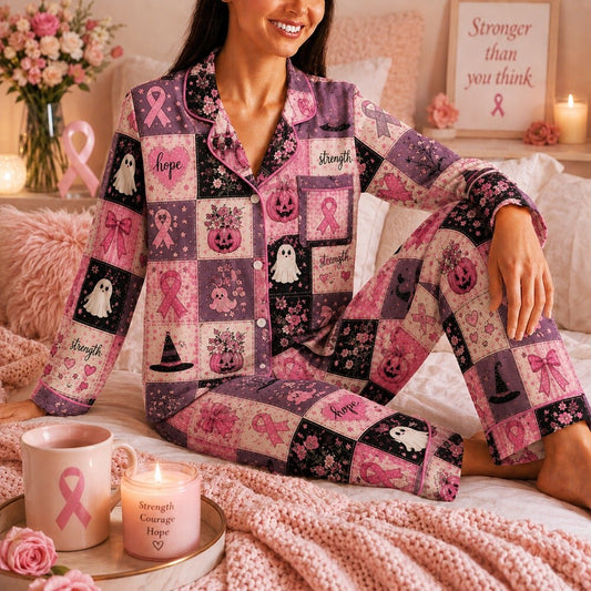 Breast Cancer Awareness Clothing - Pink Patchwork Ribbon Satin Pajama Set
