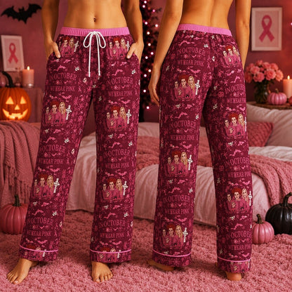 Breast Cancer Awareness Satin Pajama Set, Pink Ribbon Witchy Halloween Sleepwear, Burgundy October Pajamas, Spooky Gift for Women