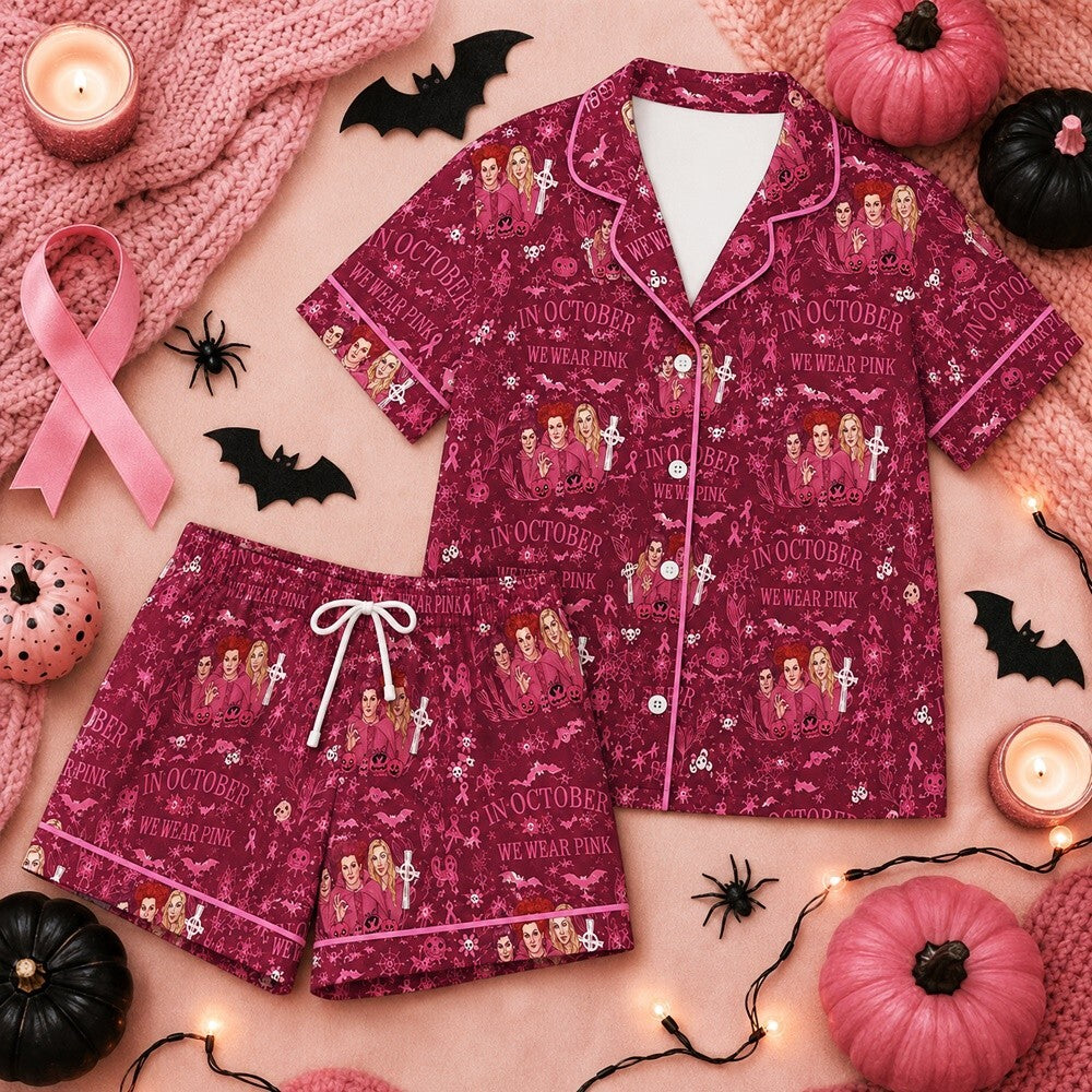 Breast Cancer Awareness Satin Pajama Set, Pink Ribbon Witchy Halloween Sleepwear, Burgundy October Pajamas, Spooky Gift for Women