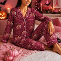 Breast Cancer Awareness Satin Pajama Set, Pink Ribbon Witchy Halloween Sleepwear, Burgundy October Pajamas, Spooky Gift for Women