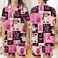 Pink Ribbon Halloween Satin Pajama Set, Breast Cancer Awareness Sleepwear, Cute Ghost Pumpkin October PJs, Spooky Gift for Women