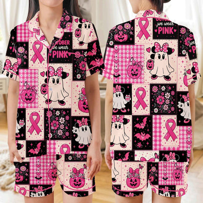 Pink Ribbon Halloween Satin Pajama Set, Breast Cancer Awareness Sleepwear, Cute Ghost Pumpkin October PJs, Spooky Gift for Women