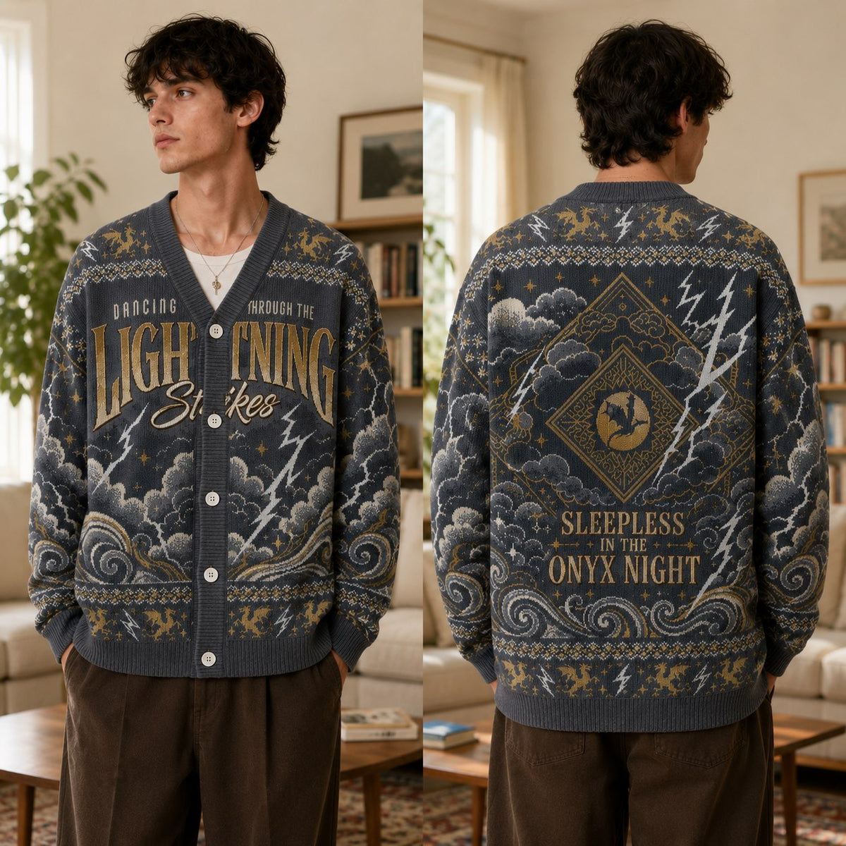 Fourth Wing cardigan Dancing Through the Lightning Strikes charcoal gold knit - view 1