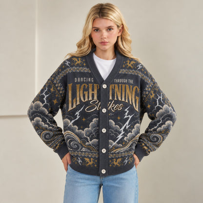 Fourth Wing cardigan Dancing Through the Lightning Strikes charcoal gold knit - view 2