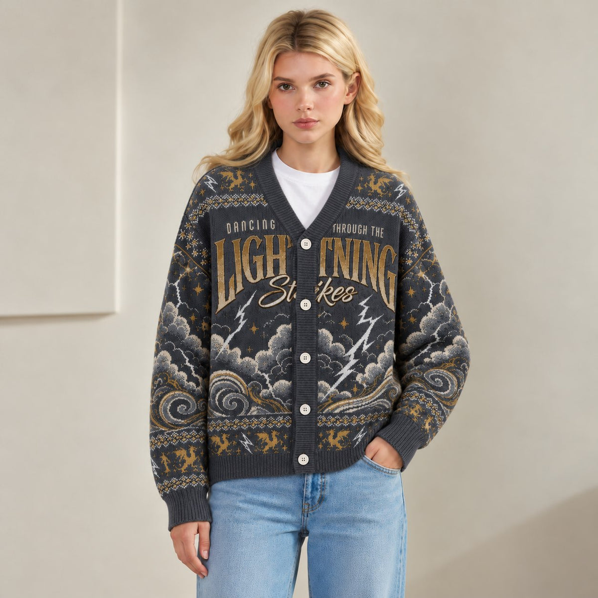 Fourth Wing cardigan Dancing Through the Lightning Strikes charcoal gold knit - view 3