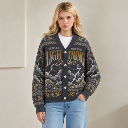 Fourth Wing cardigan Dancing Through the Lightning Strikes charcoal gold knit - view 3