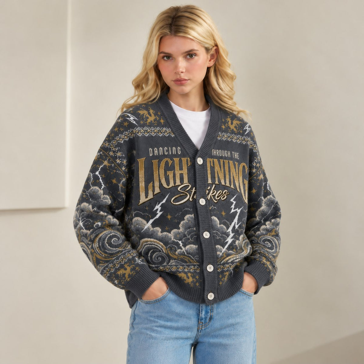 Fourth Wing cardigan Dancing Through the Lightning Strikes charcoal gold knit - view 6