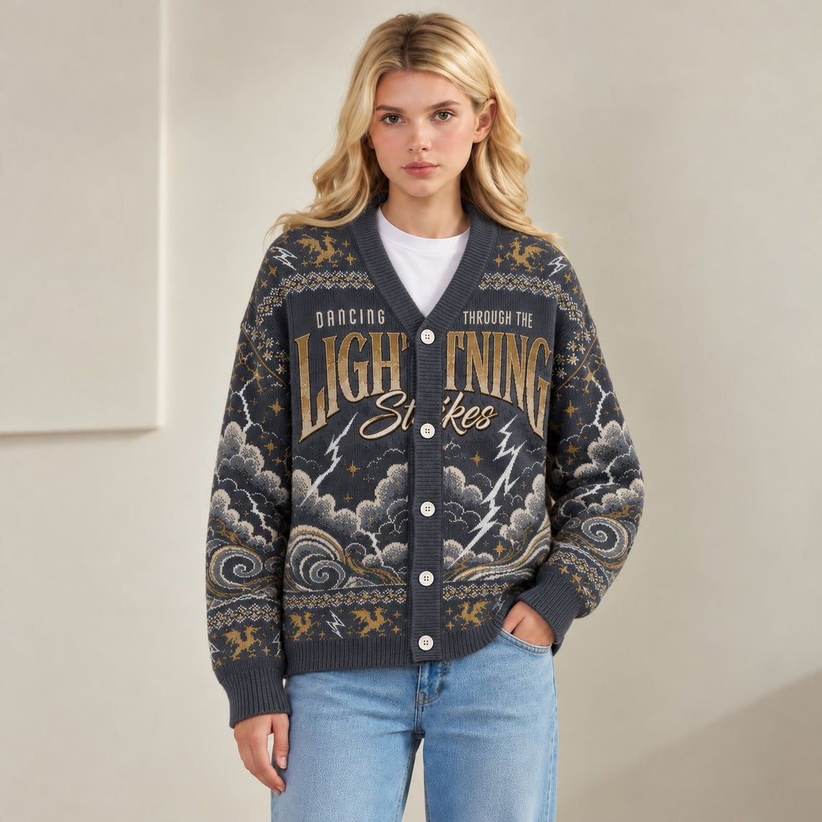 Fourth Wing cardigan Dancing Through the Lightning Strikes charcoal gold knit - view 7