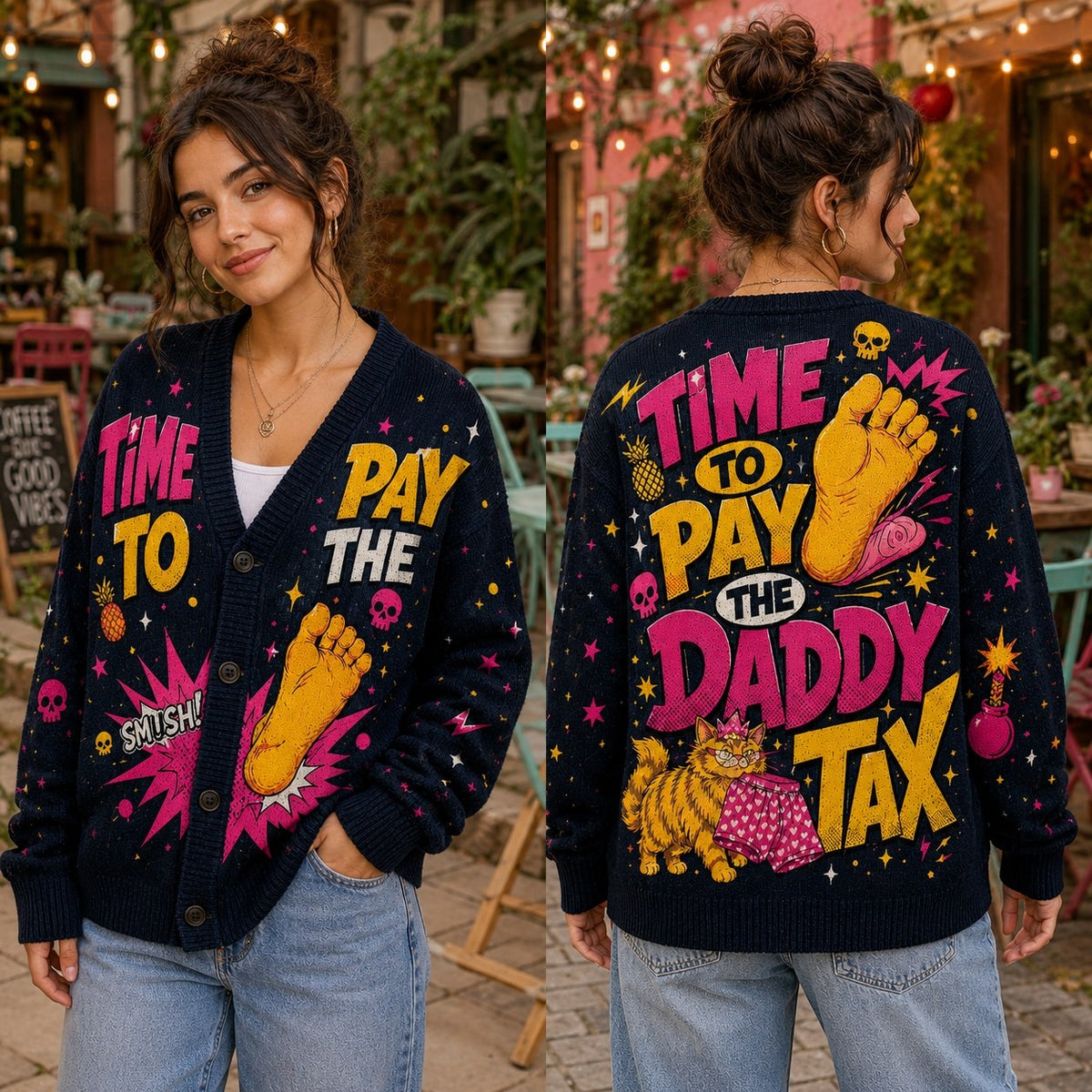 Dungeon Crawler Carl cardigan Time to Pay the Daddy Tax Princess Donut navy knit - view 2