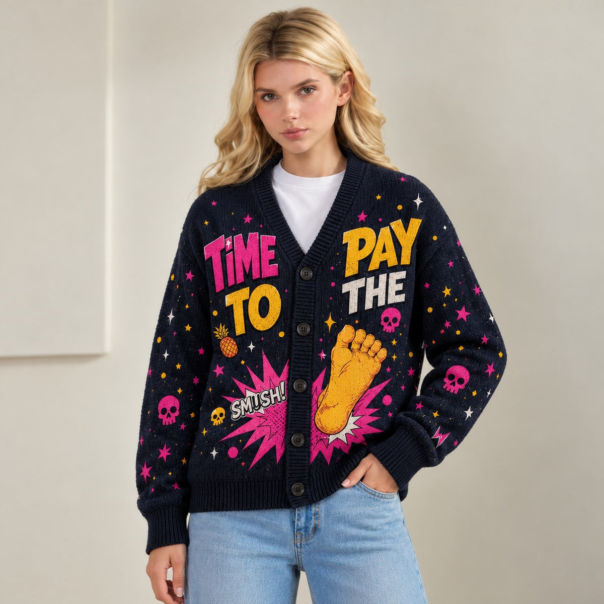Dungeon Crawler Carl cardigan Time to Pay the Daddy Tax Princess Donut navy knit - view 4