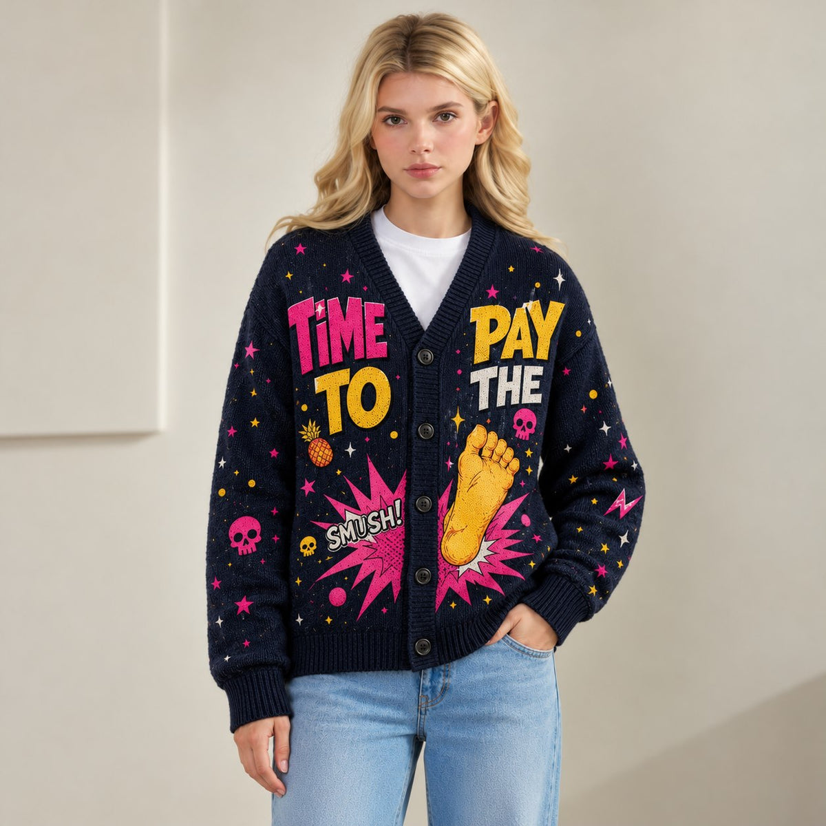 Dungeon Crawler Carl cardigan Time to Pay the Daddy Tax Princess Donut navy knit - view 7