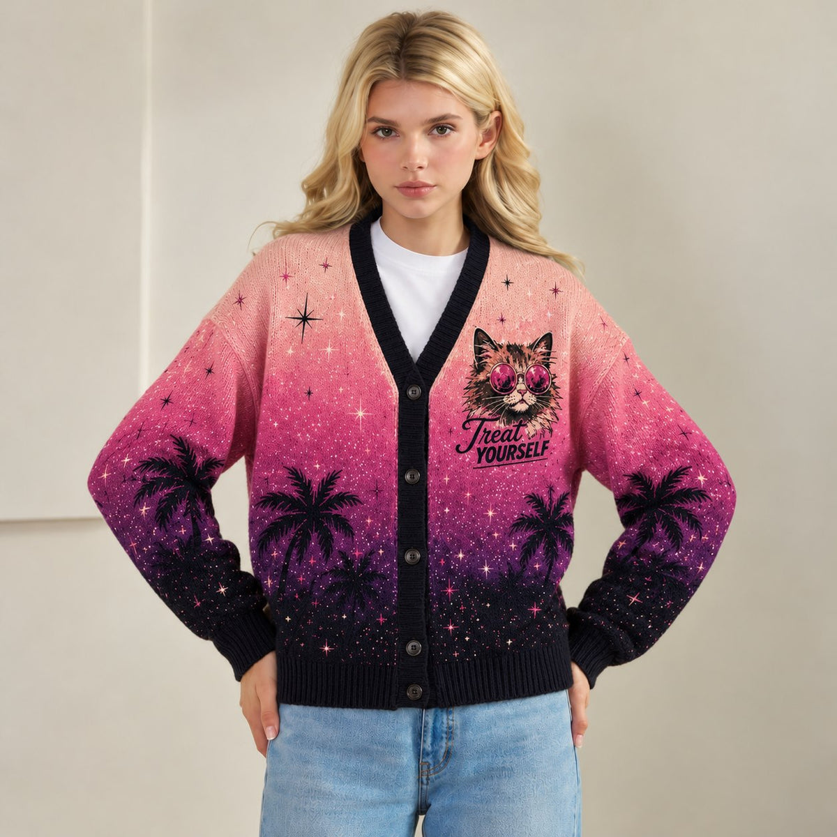 Dungeon Crawler Carl cardigan Princess Donut Night Meow Mode pink purple ombre - view 3
