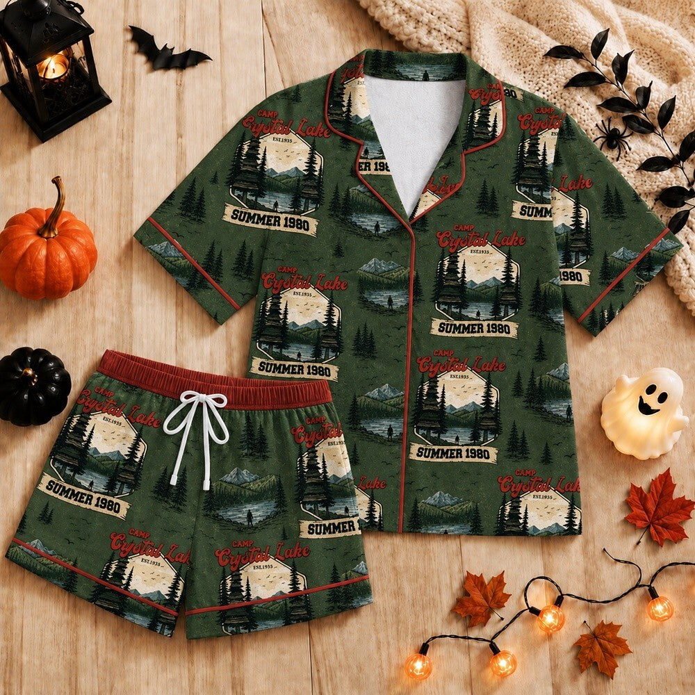 Horror Pajamas - Retro Summer Camp Slasher Satin Pajama Set for Women