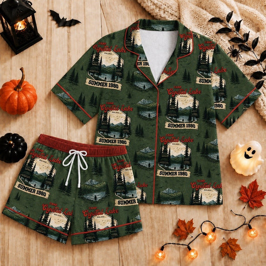 Horror Pajamas - Retro Summer Camp Slasher Satin Pajama Set for Women
