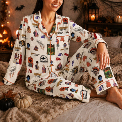Halloweentown Pajamas, Halloween Satin Pajama Set, Pumpkin Sleepwear, Spooky Lounge PJs, Fall Halloween Gift for Women