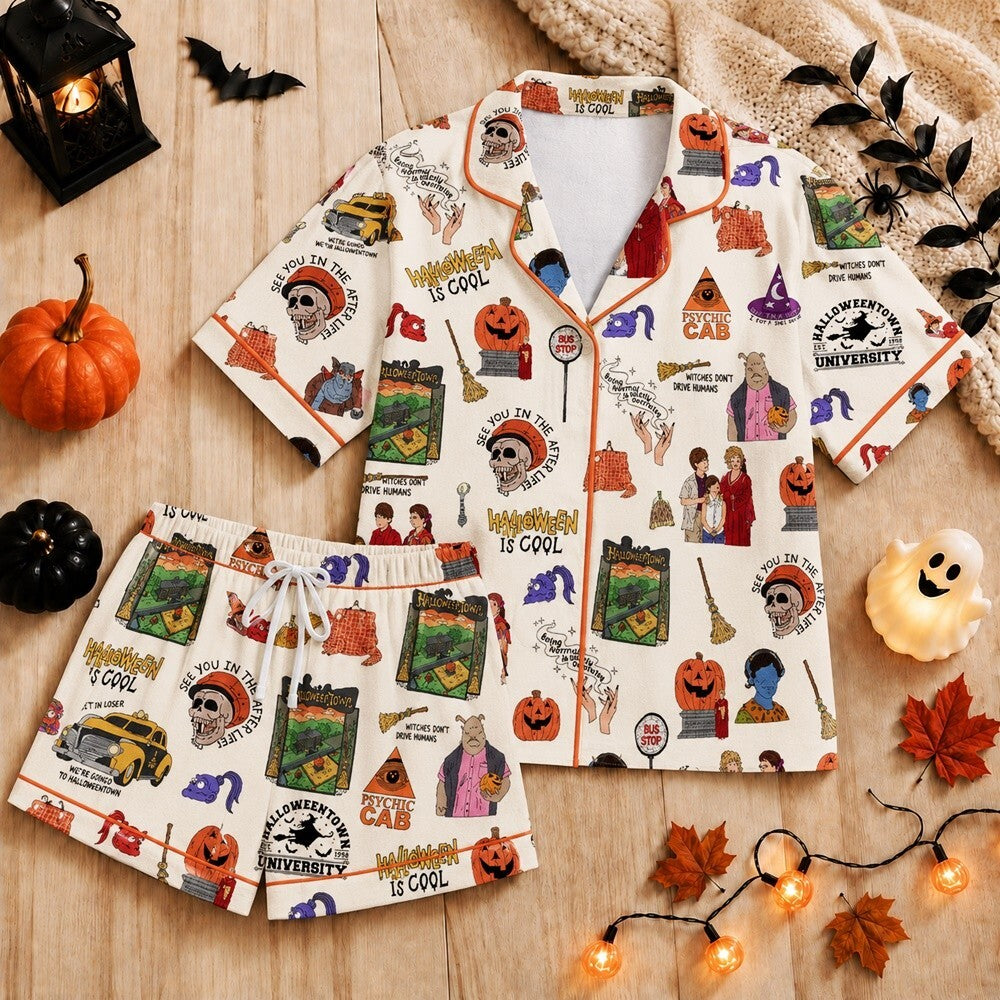 Halloweentown Pajamas, Halloween Satin Pajama Set, Pumpkin Sleepwear, Spooky Lounge PJs, Fall Halloween Gift for Women