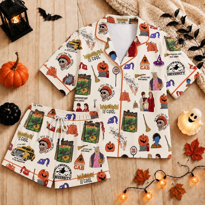 Halloweentown Pajamas, Halloween Satin Pajama Set, Pumpkin Sleepwear, Spooky Lounge PJs, Fall Halloween Gift for Women