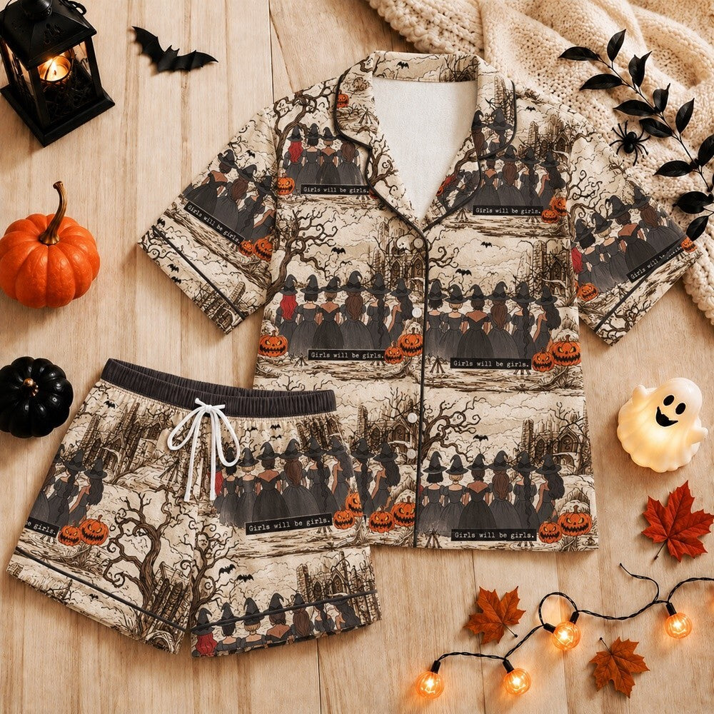 Girls Will Be Girls Satin Pajamas, Halloween Sleepwear Set, Witchy Lounge PJs, Spooky Fall Outfit, Halloween Gift for Her