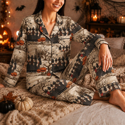 Halloween Pajama Set - Witchy Sisters Satin Sleepwear for Women
