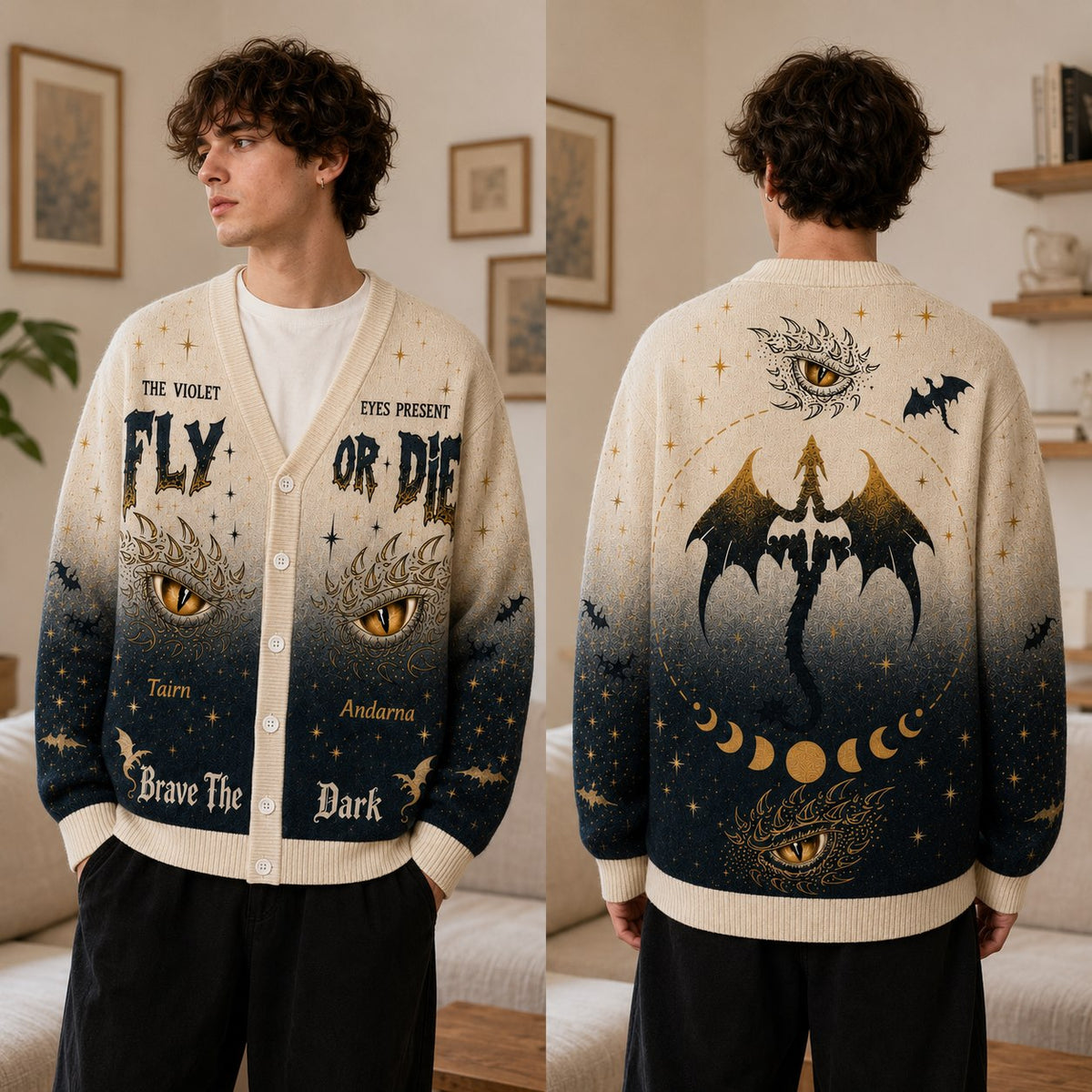Fourth Wing cardigan Fly or Die Tairn Andarna dragon eyes ombre knit - view 1