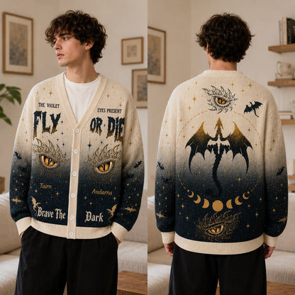 Fourth Wing cardigan Fly or Die Tairn Andarna dragon eyes ombre knit - view 1
