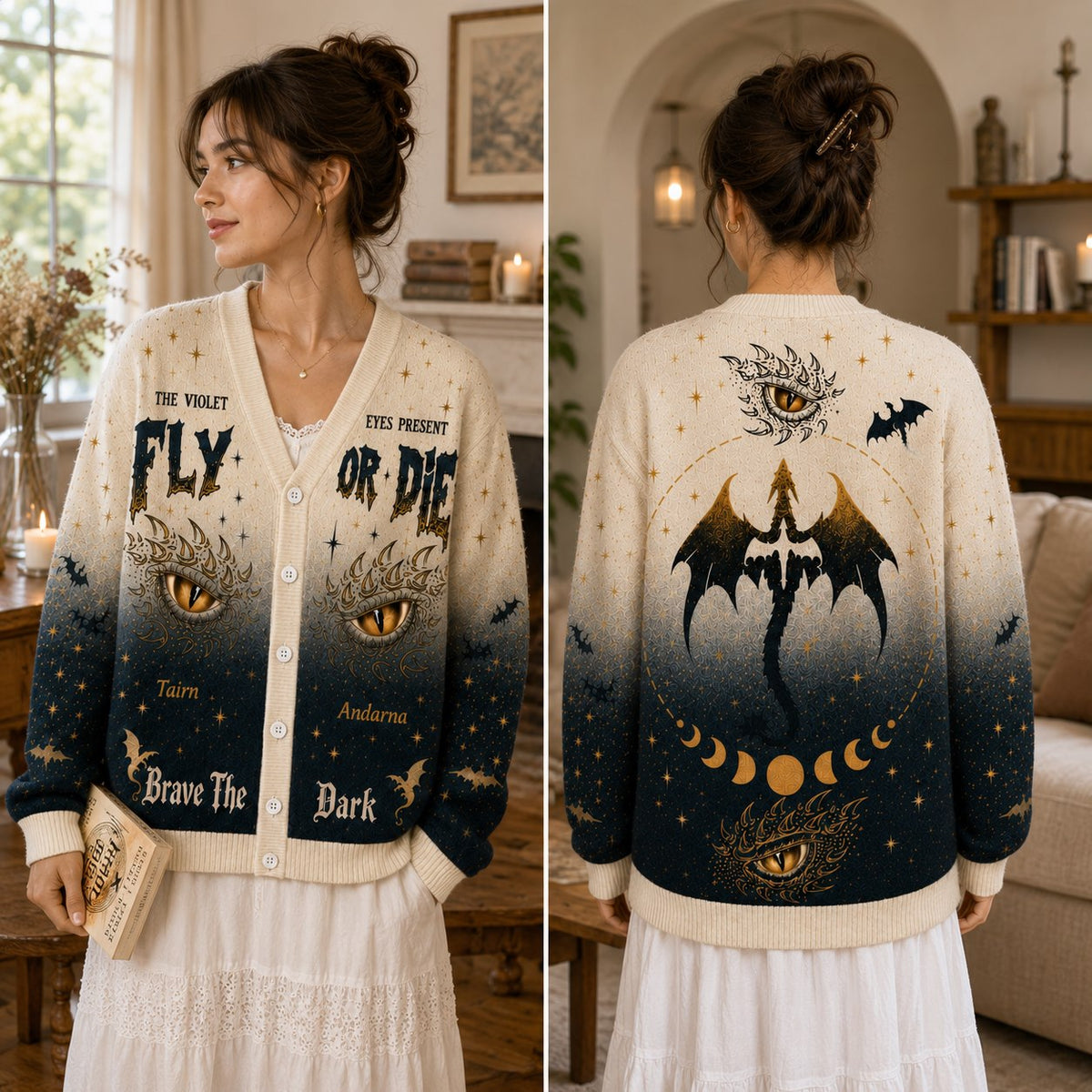 Fourth Wing cardigan Fly or Die Tairn Andarna dragon eyes ombre knit - view 2