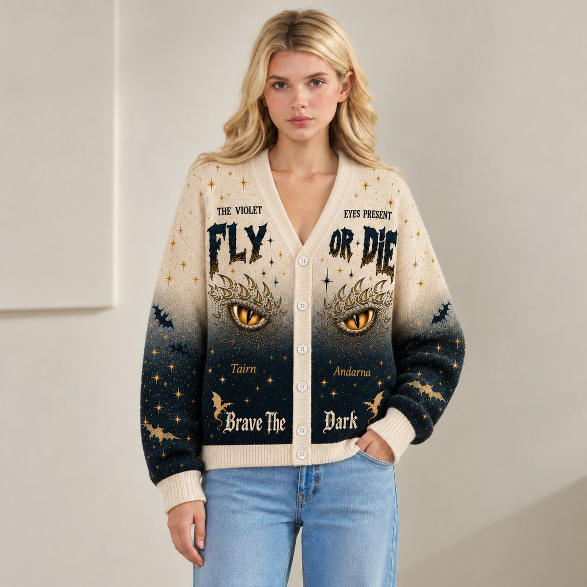 Fourth Wing cardigan Fly or Die Tairn Andarna dragon eyes ombre knit - view 3